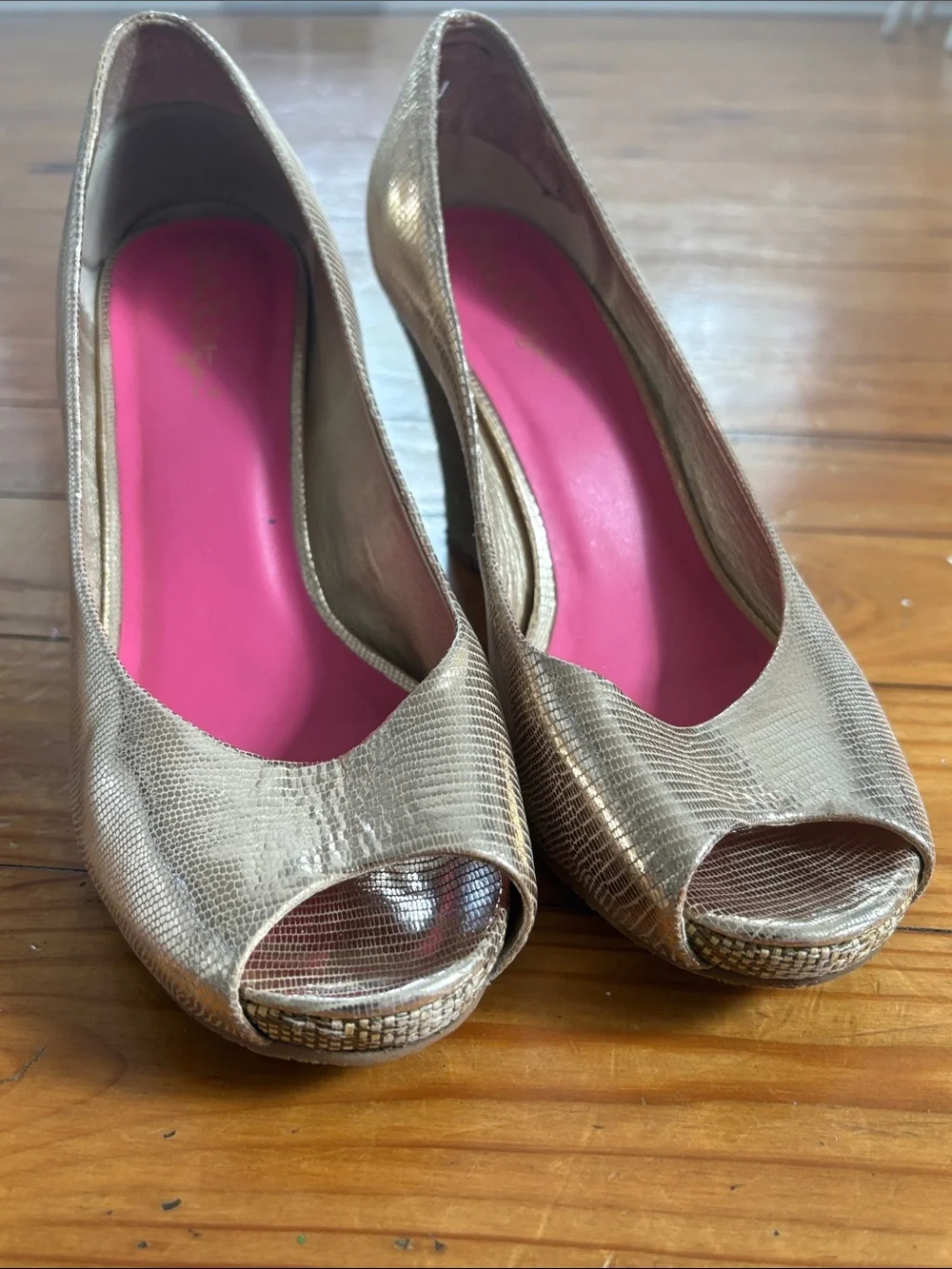 Lilly Pulitzer Metallic Gold Peep-Toe Wedge with Pink Insole